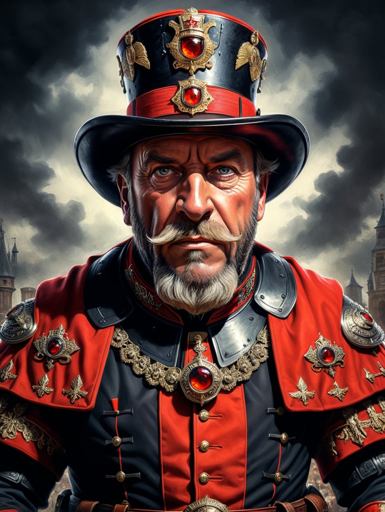 This artwork of a Beefeater by George Wilson is an eye-catching poster-style drawing and illustration representing the iconic pulp style.