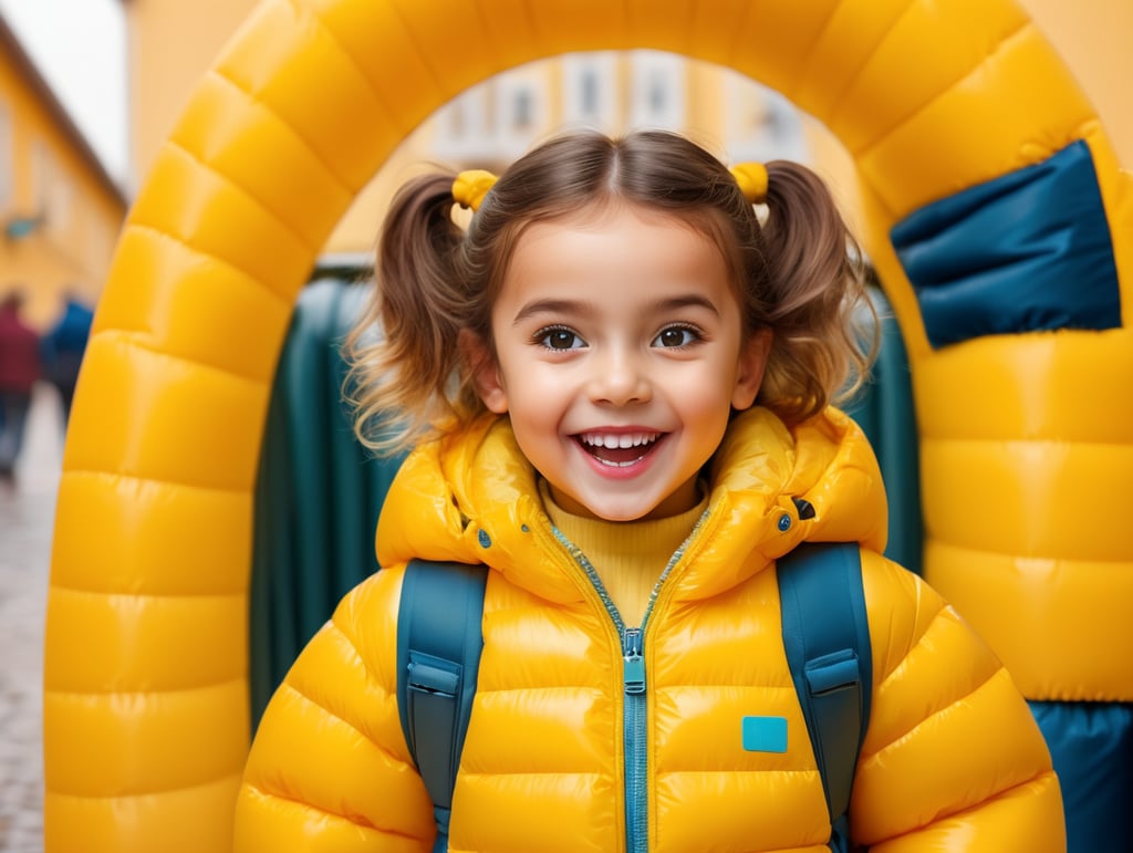 photo happy little girl going to travel, cute girl, dressed yellow inflatable puffer jacket, yellow background, harpers bizarre, cover, headshot, hyper realistic, vibrant colors