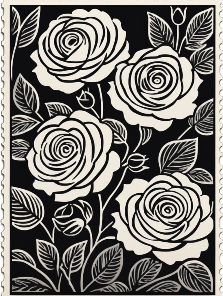 Black and white linocut postage stamp rose garden thick bold dark lines