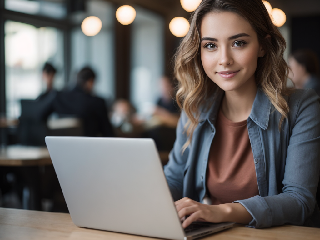 Young woman working on laptop, girl freelancer or student with computer in cafe at table, looking in camera