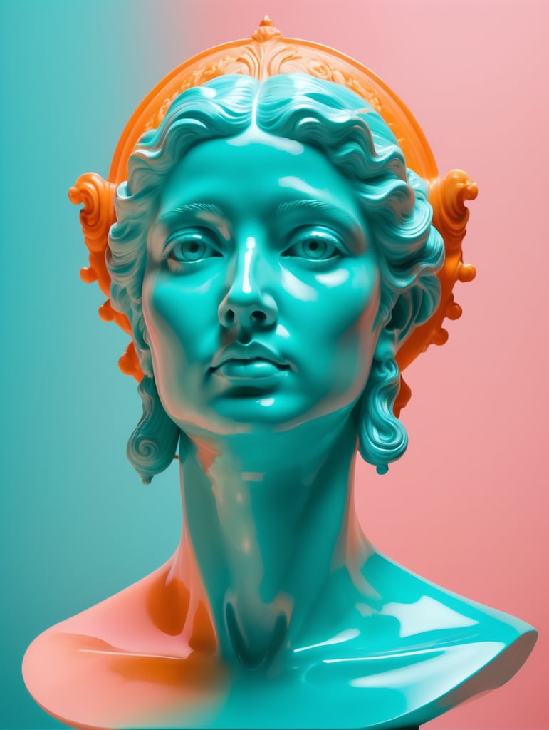 Human head on a pink colored background, in the style of dark cyan and light aquamarine, neoclassical sculptures, photo - realistic techniques, light cyan and orange, fluid photography, photo - realistic hyperbole, neoclassical figures, live eyes