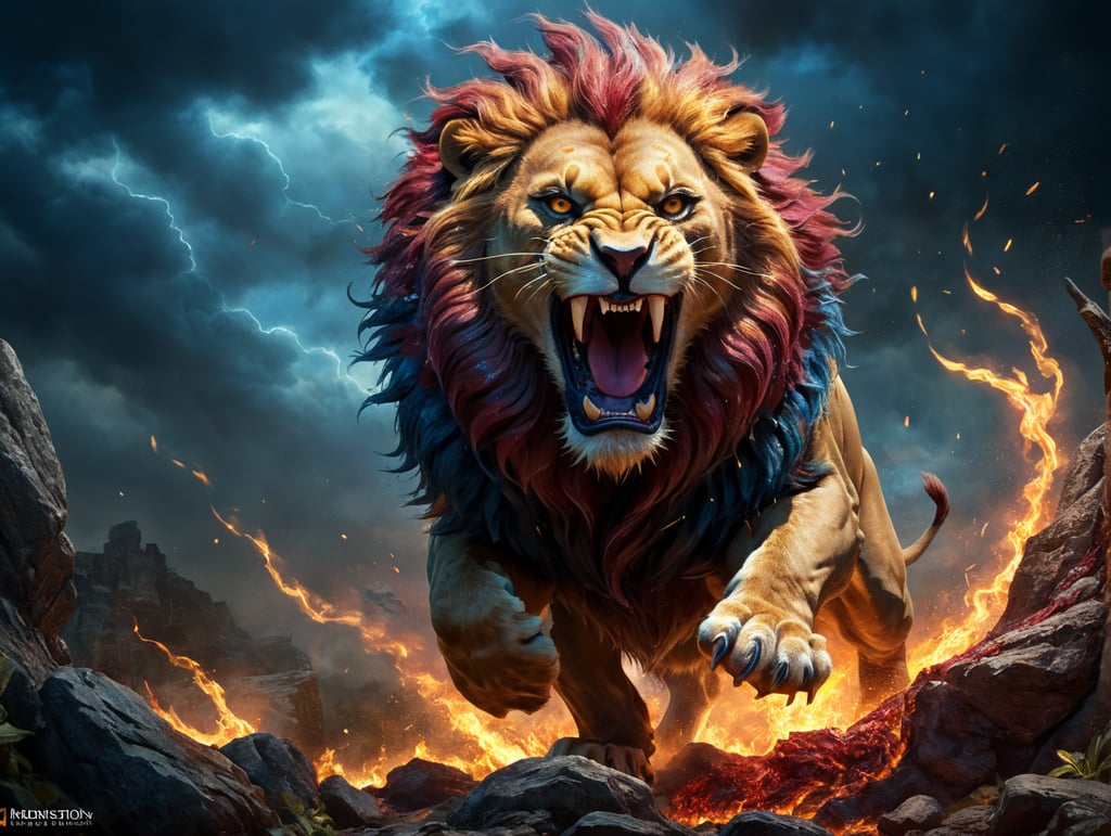 leaping lion wildlife firestorm maroon blue gold fierce snarling illustration