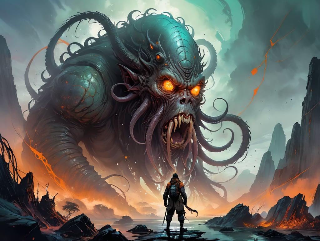 A person losing his mind while witnessing a massive gigantic colossal immense Lovecraftian Cthulu-like cosmic horror evil deity crossing a dark foggy landscape