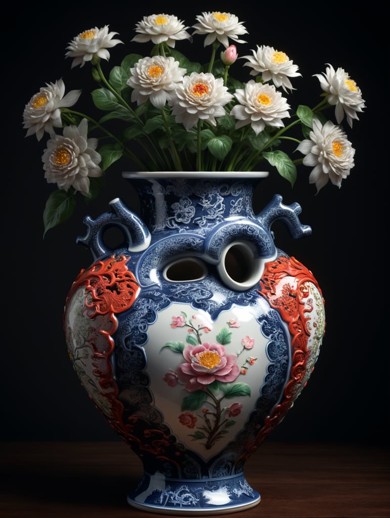 Chinese porcelain human heart vase, with flower