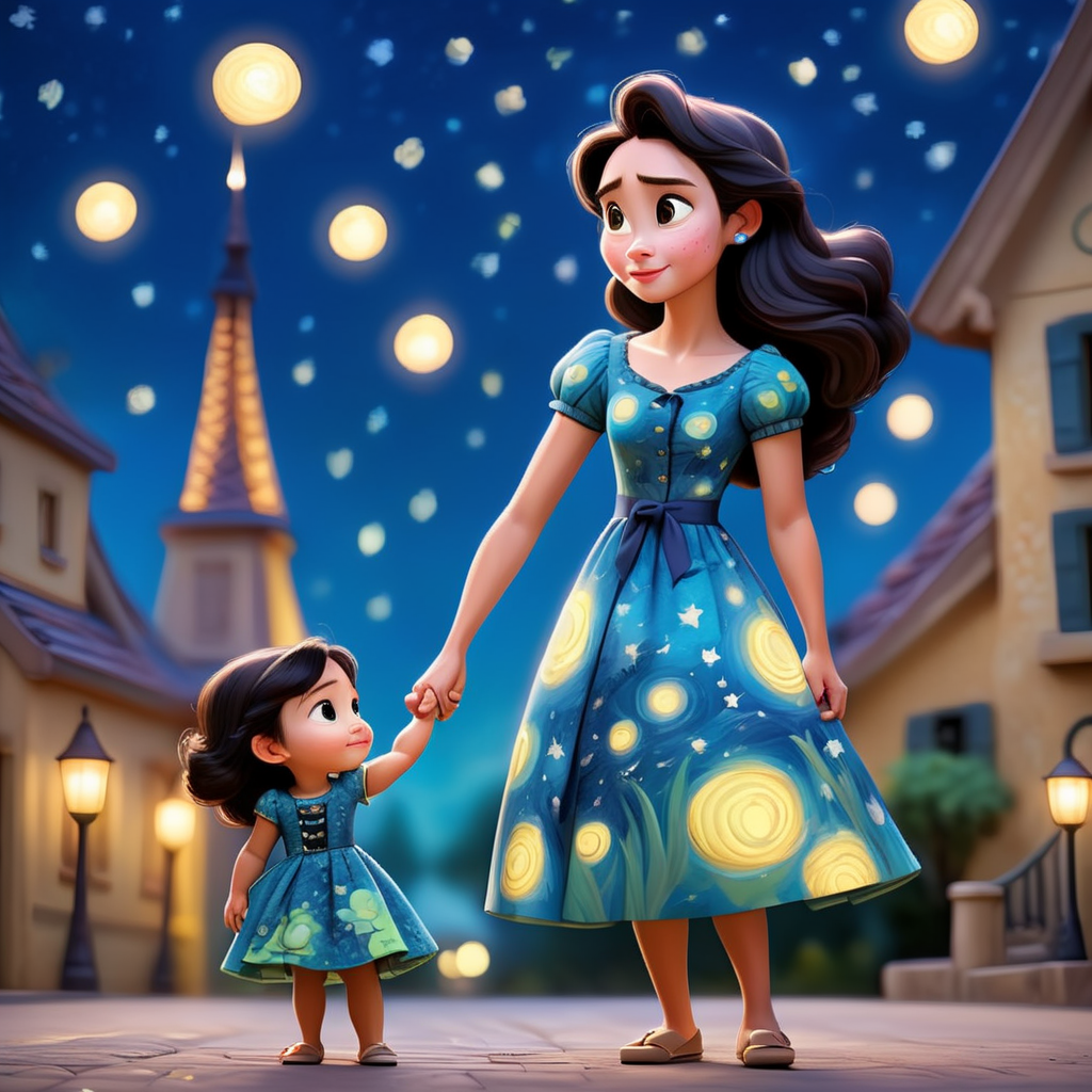 a woman with her little daughter on her arm, wearing a van gogh print dress under a starry night, Disney Pixar style