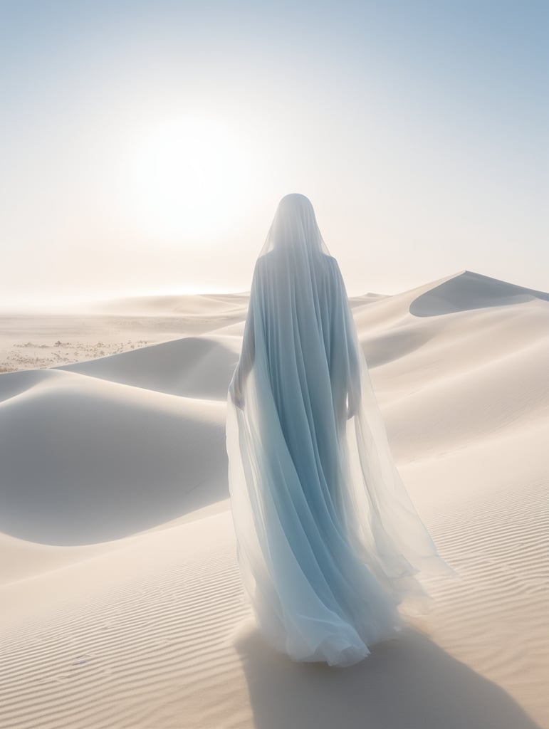 view from behind(((ethereal misty blue cloaked woman figure))), clad in light tones, advancing through a (((dunescape))) under a (rising sun), with (vast, silvery sand dunes) reflecting an otherworldly light around its surroundings, abstract art