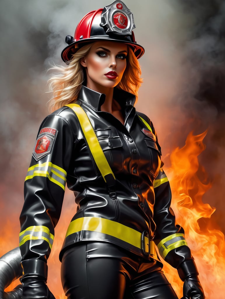 Latex catsuit firefighter girl