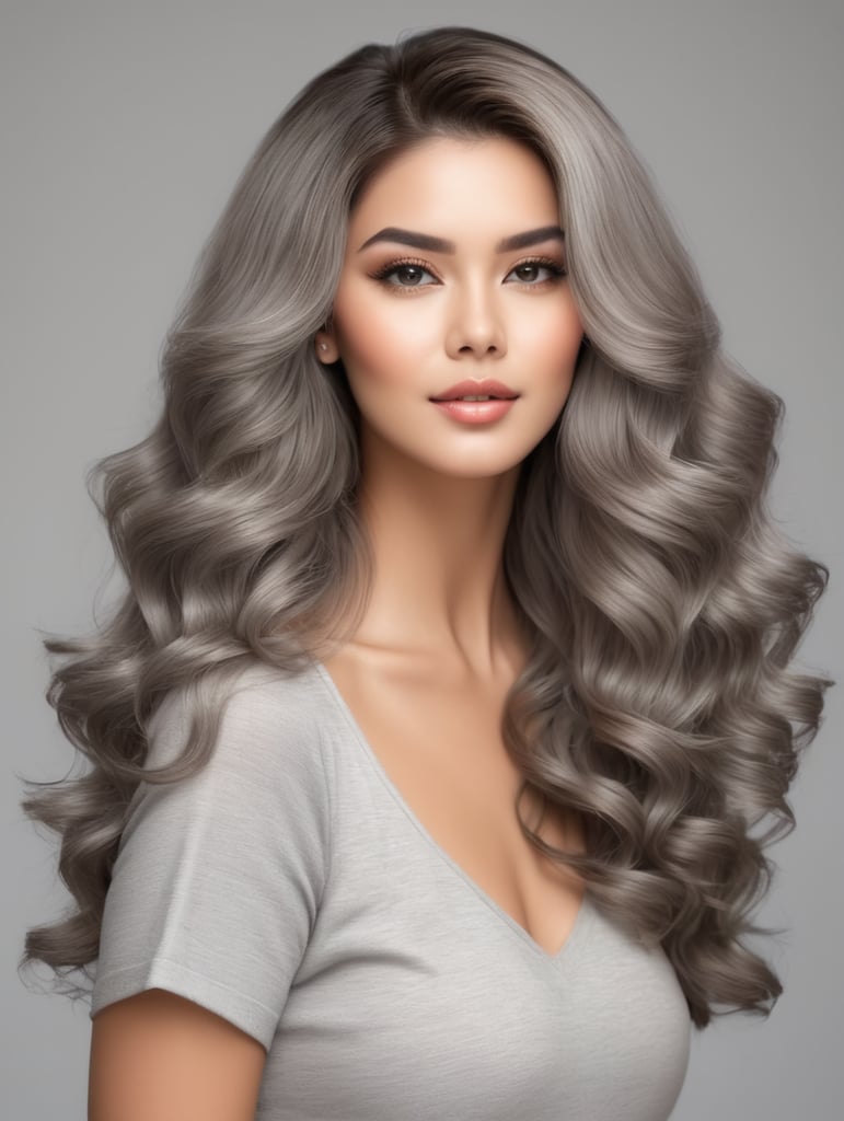 Create an image of beautiful woman with attractive thick hair light gray background