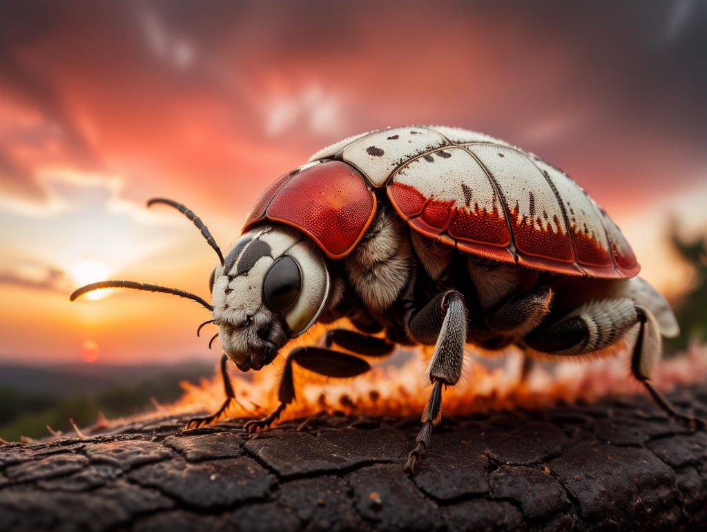 white bug, scary bug, beautiful bug, speed moving, hell, fire, red sky, red sun