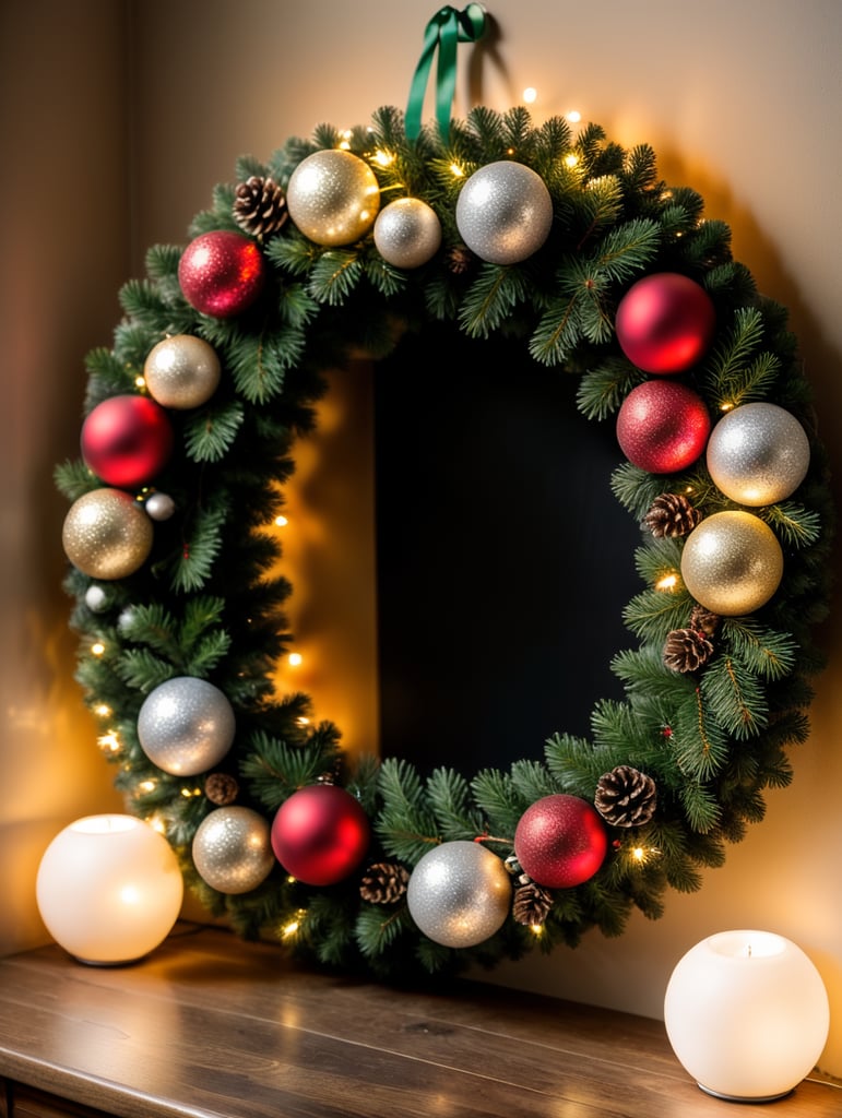 christmas wreath balls christmas lights festive decorations holiday wreath evergreen wreath winter decor traditional christmas seasonal ornaments