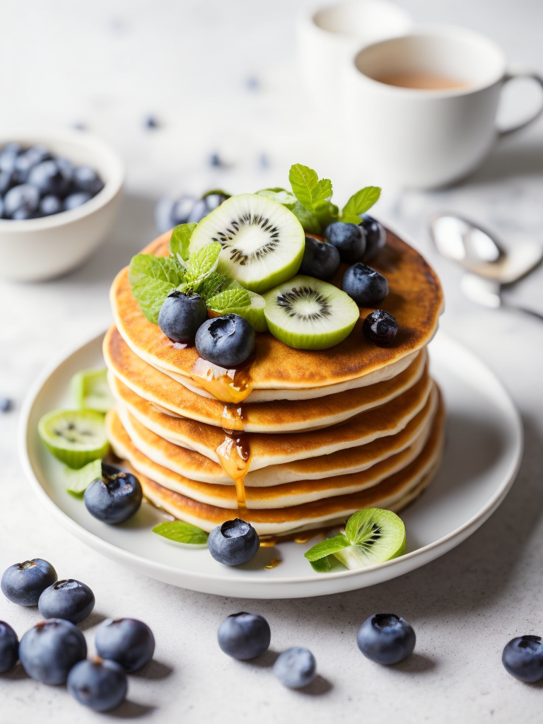 Pancakes with blueberry and kiwi decorated with chamomile flowers, bright atmosphere, Provence, Depth of field, Incredibly high detailed