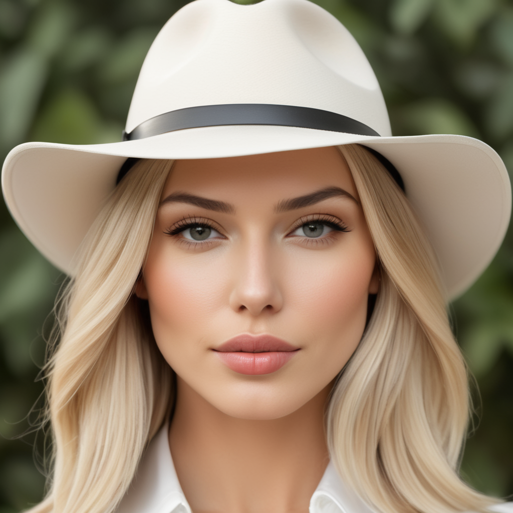 front upper view, close-up of the head of a blonde woman with shoulder-length straight hair, wearing a white men's fedora hat, covered eyes, only her nose and lips visible, beautiful lips