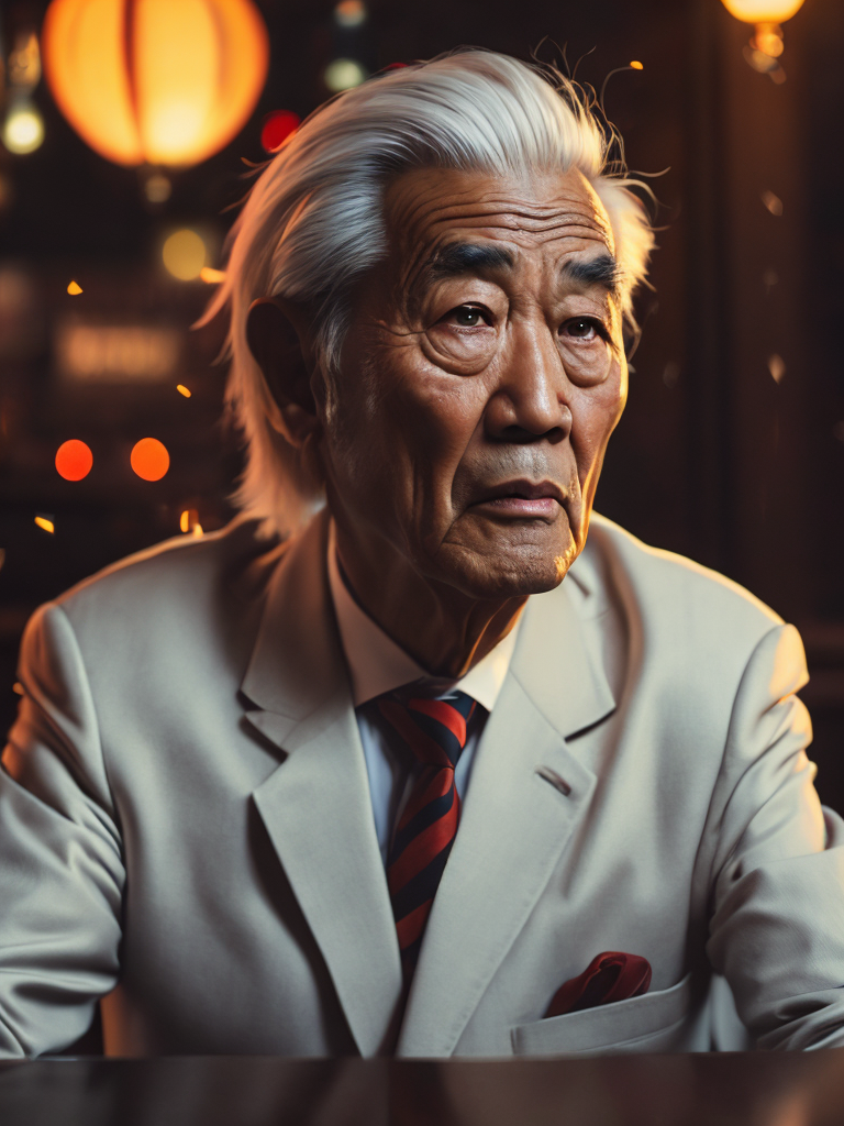 cinematic shot, scene from a movie, portrait of an Asian man 80 years old sitting in a night bar, Asian mafia, father of mafia, angry face, white jacket, red tie, white hair, red Chinese lights on a background, focus on a face, red lighting, low light, dark atmosphere