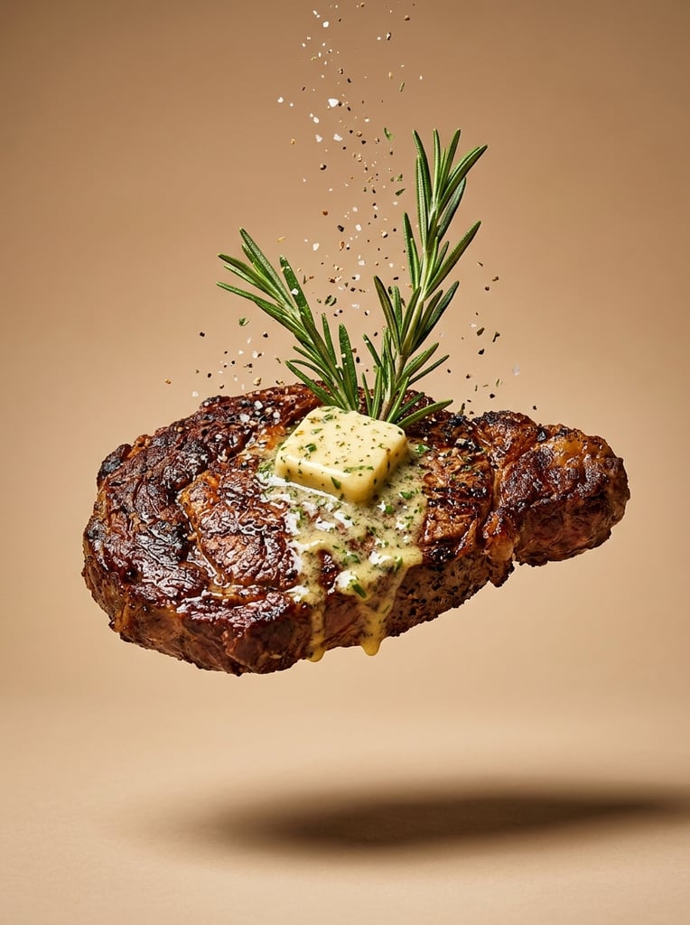 A thick, heavily seared steak levitates against a seamless warm beige background. Resting atop the glossy, browned meat is a melting square of butter, a pool of creamy herb sauce, and two upright, vibrant green rosemary sprigs. Tiny flecks of pepper and salt are frozen in mid-air, cascading down toward the garnish. The hovering food casts a soft drop shadow on the smooth surface far below. High-end macro culinary photography featuring hyper-detailed textures, sharp focus, and warm directional studio lighting.
