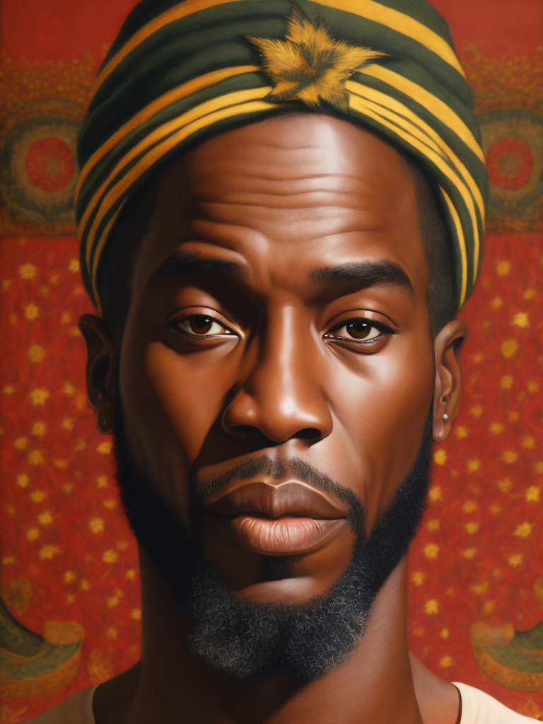Jamaica's Man, portrait, realistic image, lots of detail, style of Mati Klarwein