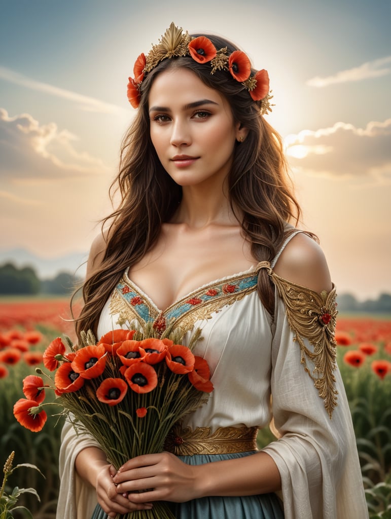 Woman as fairytale goddess, holding a sheaf of wheat, crown of poppies, clean, smooth, elegant, beautiful, highly detailed, sharp focus, studio photography, xf iq 4, 1 5 0 mp, 5 0 mm, iso 2 0 0, 1 1 6 0 s, realistic, natural light, octane render, adobe lightroom, rule of thirds, symmetrical balance, depth layering, polarizing filter, sense of depth,