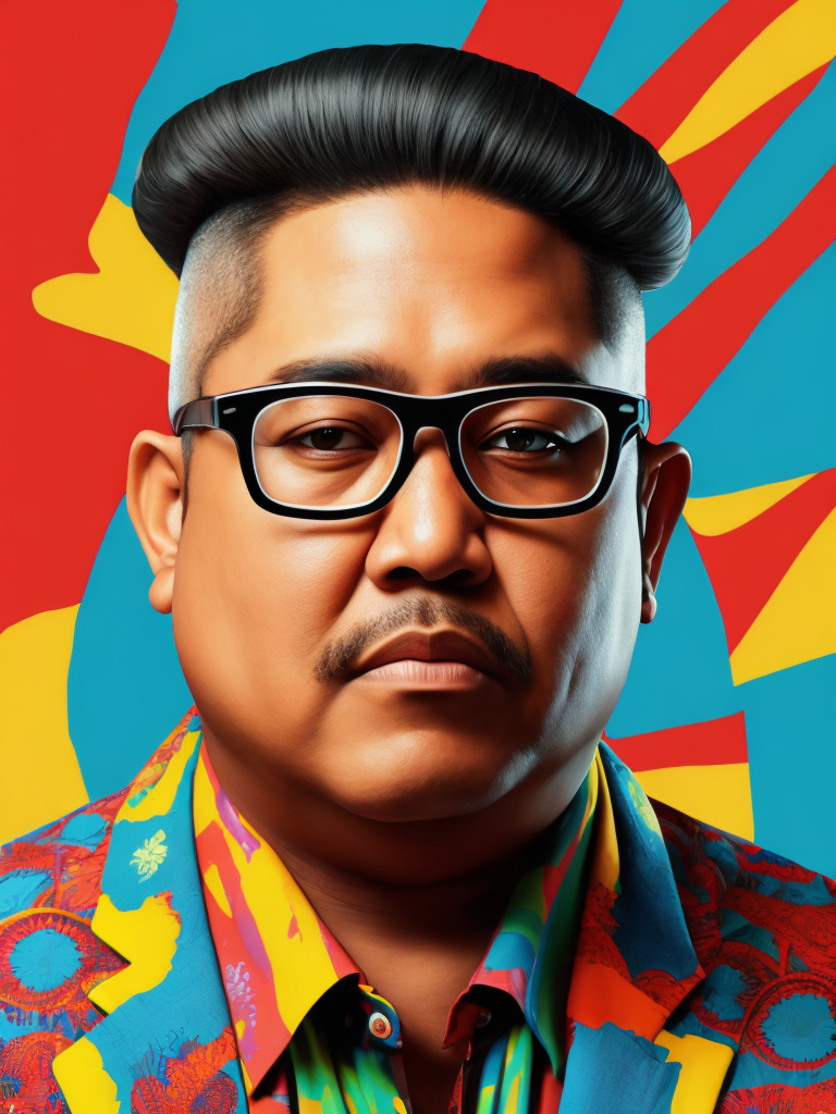 Israel Kamakawiwoʻole wearing a brightly patterned jacket and wayfarer glasses, Vivid saturated colors, Contrast color