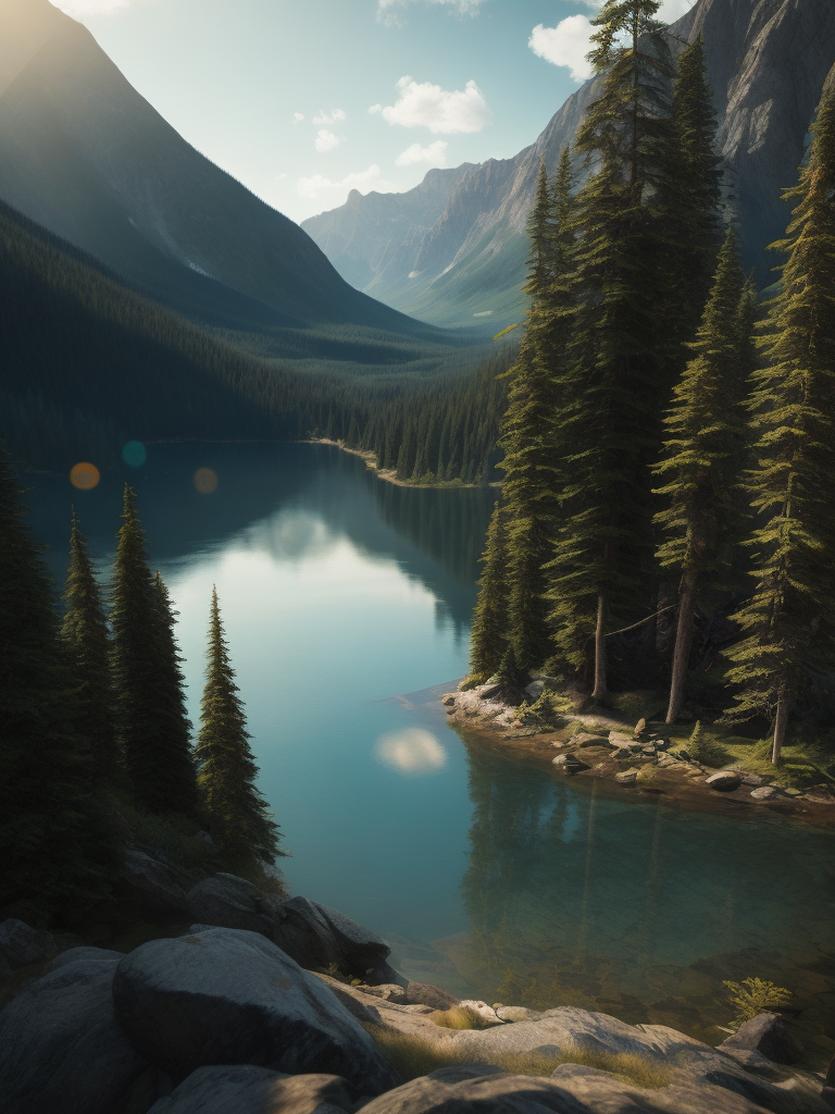 british columbia, surrounded by mountains and nature, beautiful lakes and rivers, volumetric lighting, photorealistic, insanely detailed and intricate, canadian rocky mountains, ultra hd, matte painting, radiant light rays, highres, highly detailed, concept art, Aesthetic, contrast light