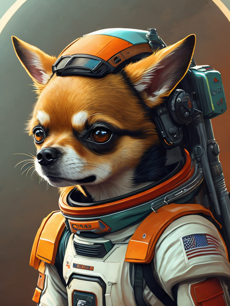 A Chihuahua like a Rocket Raccoon from Guardians of the Galaxy wearing astronaut costume on the Mars