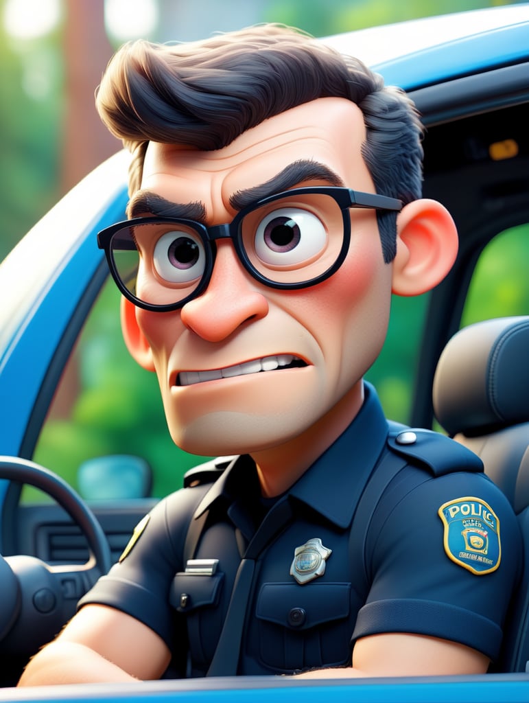 Gorilla police officer, sitting behind the wheel of a police car, close-up shot, sunglasses, clipart, stock photo