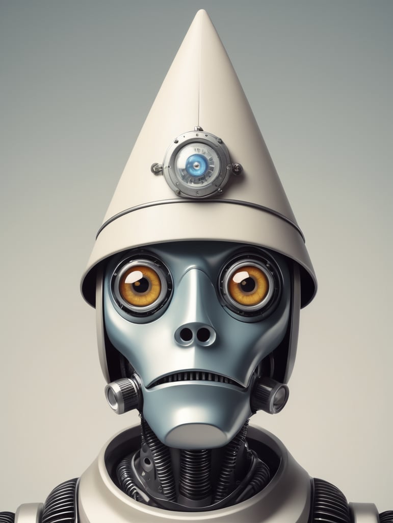 A cross-eyed robot wearing a dunce cap.