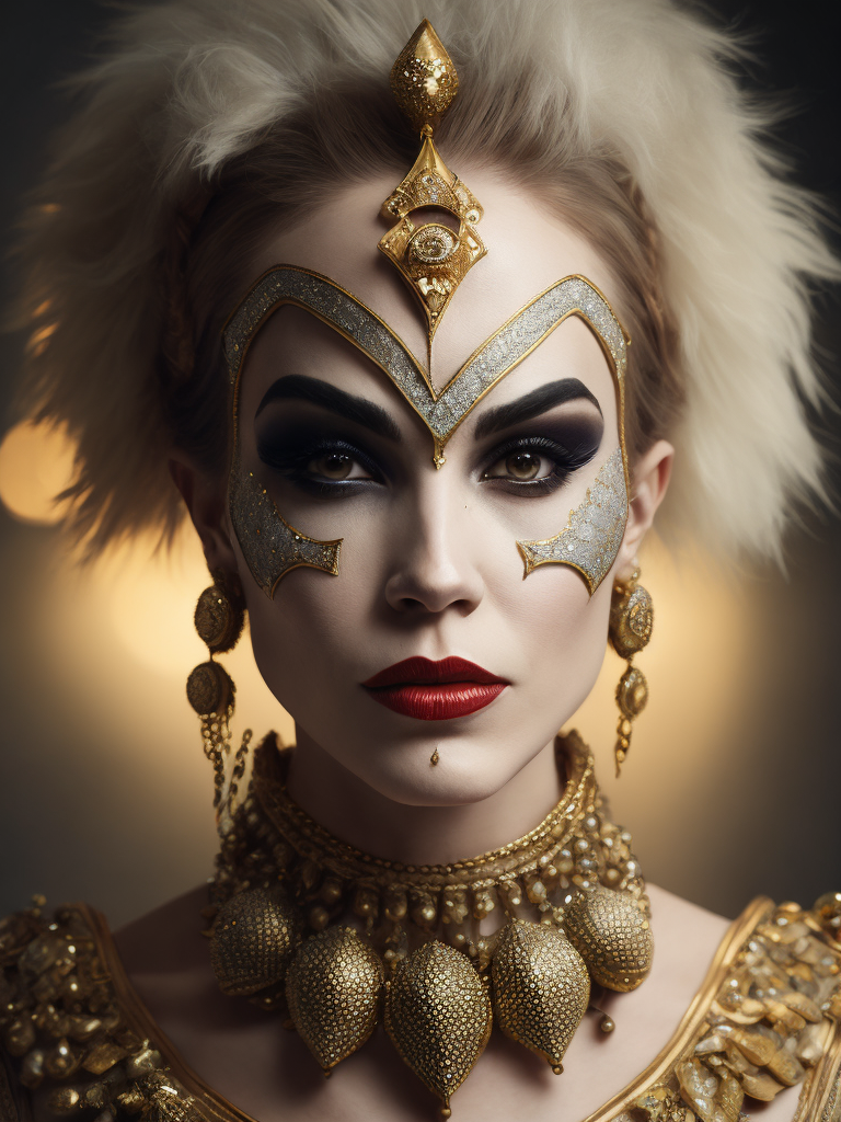 Epic portrait of mardi gras harlequin mask female clown in pastels and gold bead necklaces around neck intricate embellishments and geometric patterns and designs, (high definition)++, photography, cinematic, detailed character portrait, ++detailed and intricate environment, (nevus under left eye)++, detailed and intricate environment