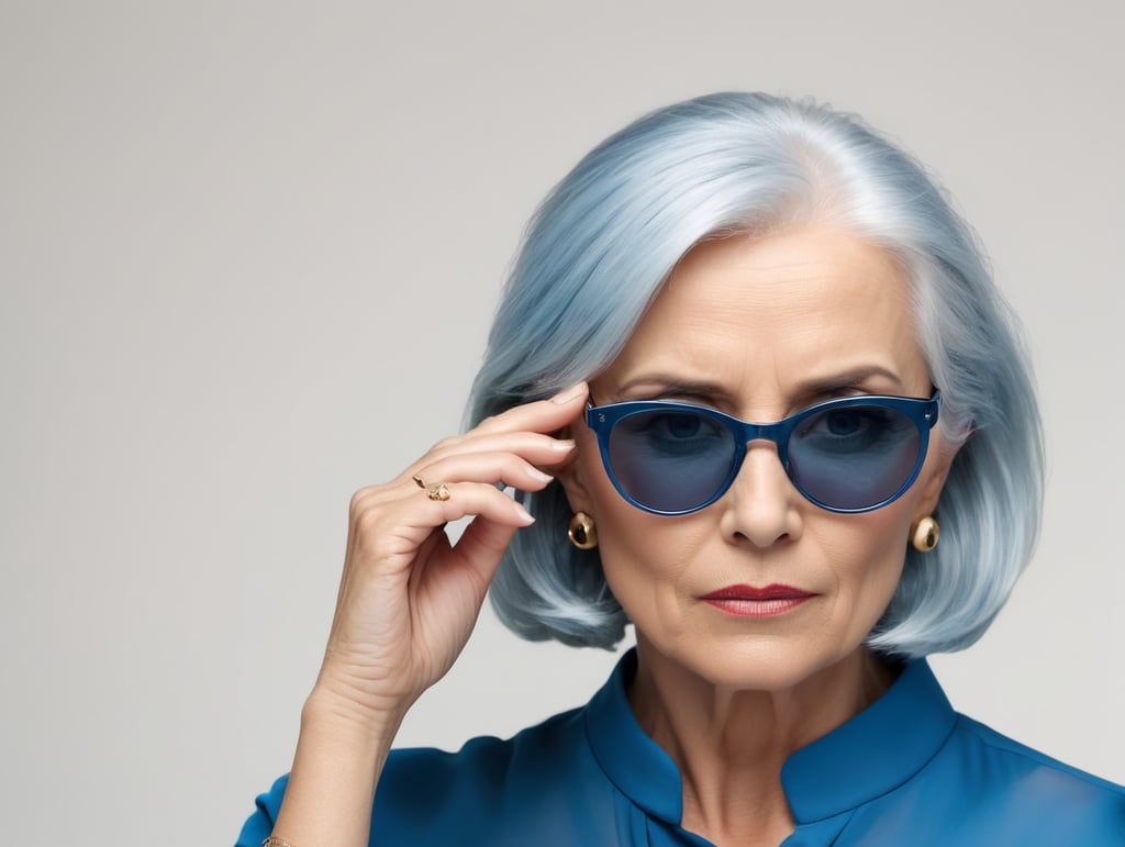 Blonde middle aged woman ponders on something keeps hand near face, blue hair, blue blouse, black sunglasses, minimalistic style, fashion, mature women, pretty old women, isolated, white background