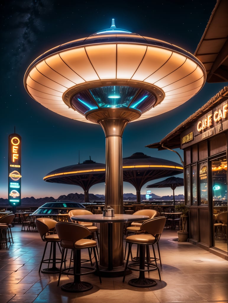 futuristic ufo cafe, desert, an night, neon, glass