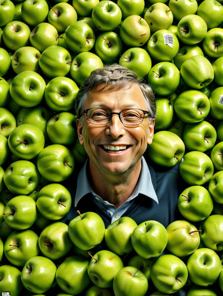Bill Gates in the pile of green apples, happy face, vivid saturated colors