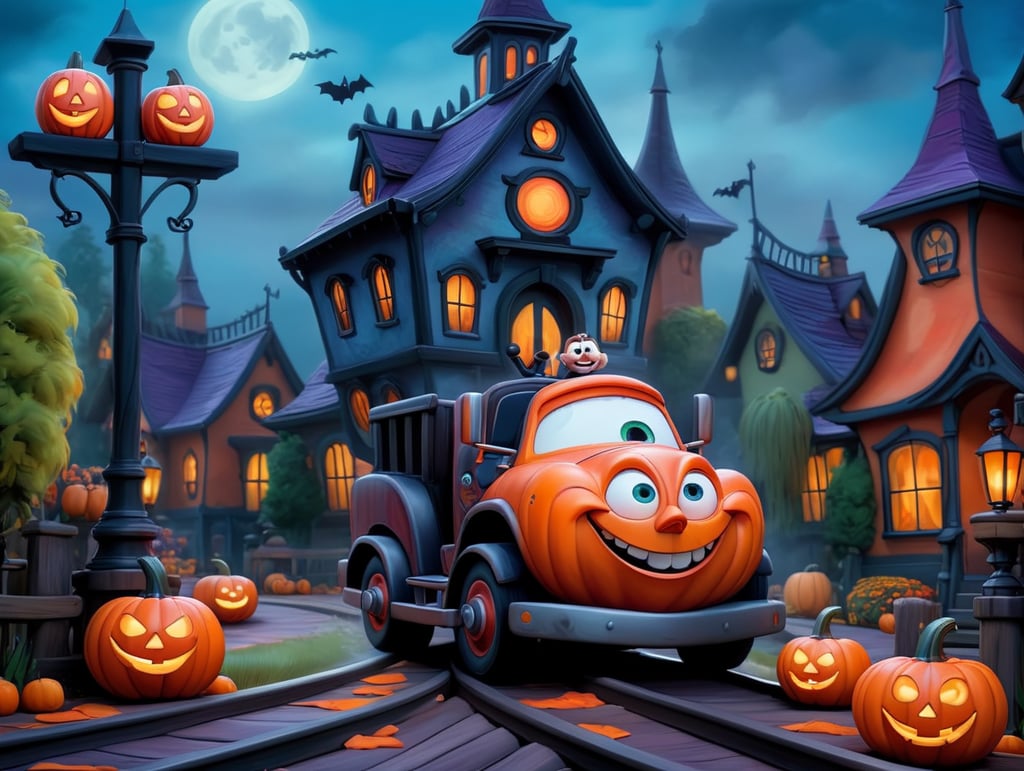 make me an art of halloween theme park with roller coaster, oil painting with scary large pumpkin