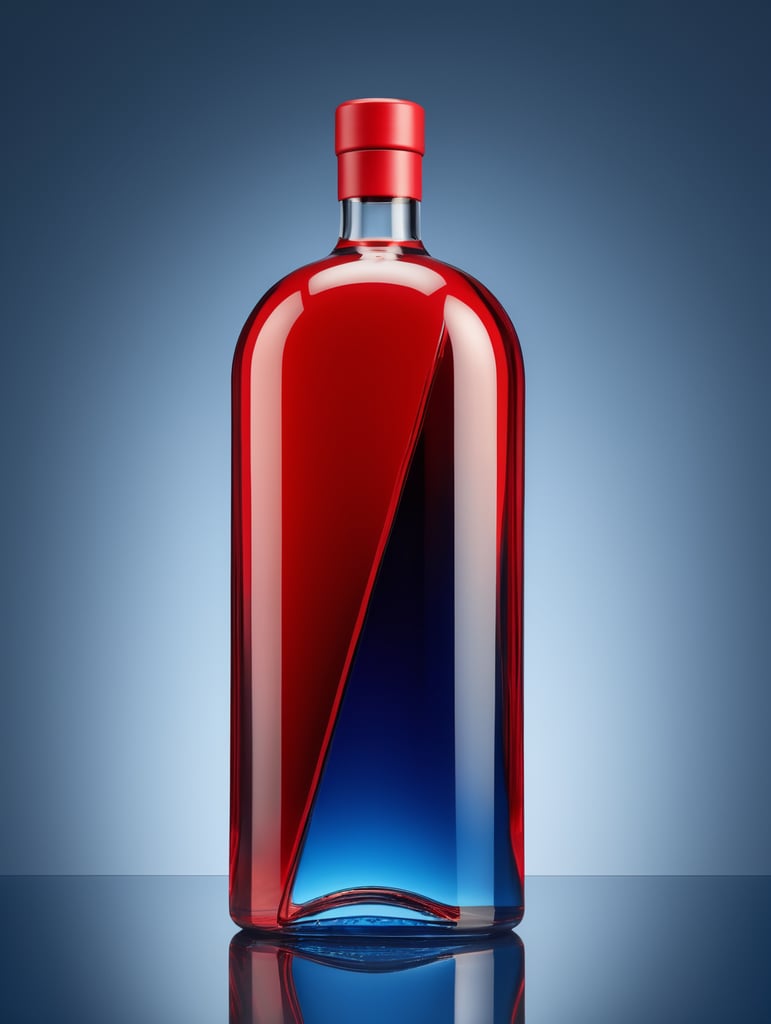 blank Liquor bottle, avant-garde, simplygo, photoshoot spread, all red, blue background, harpers bizarre, cover, headshot, hyper realistic, mockup