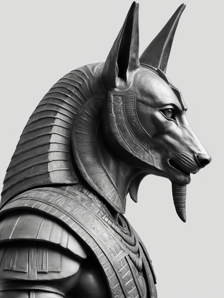 Anubis statue. Side view. Long nose. Upper body and head. Torso. Head. Egyptian warrior. mysterious. Majestic. Solemn. White background. Strong eyes. Grey skin. Black and grey and white image