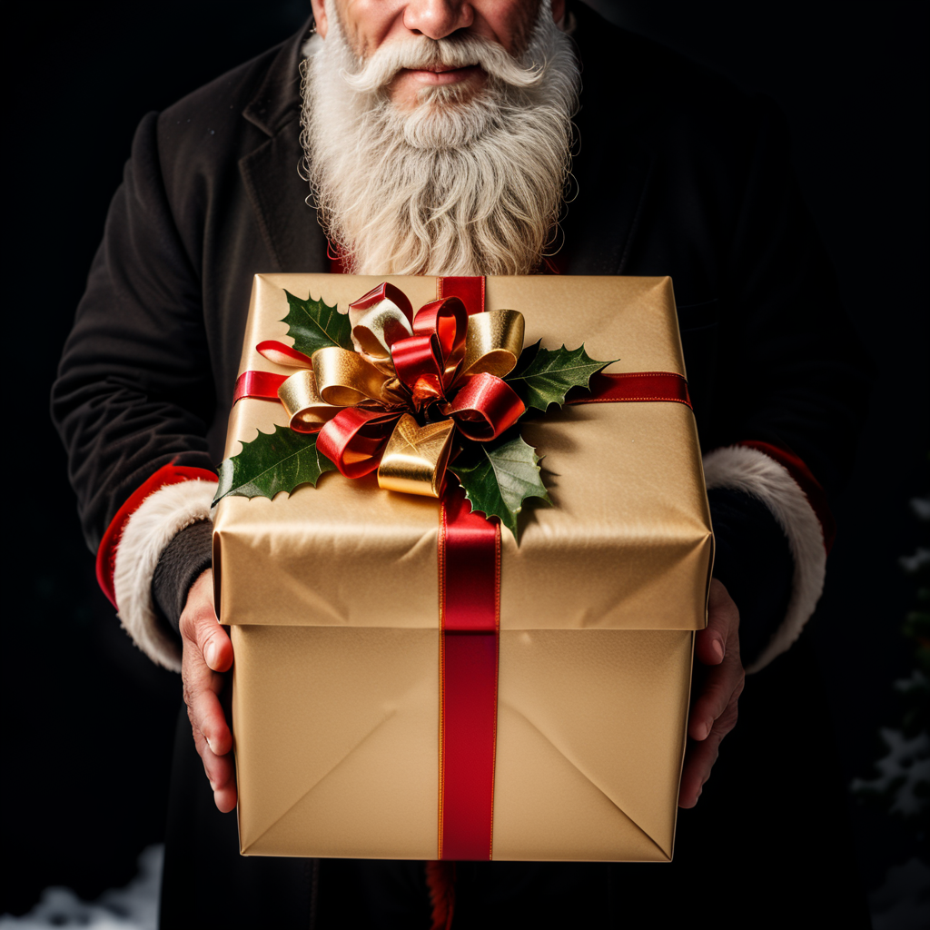 Father Christmas holding a Christmas present in the snow