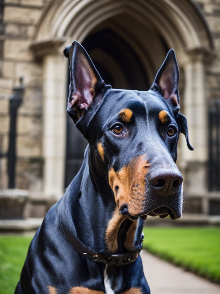 Doberman dog, golden chain, aggresive look, in front of a castle, dramatic Lighting, Depth of field, Incredibly high detailed, deep colors