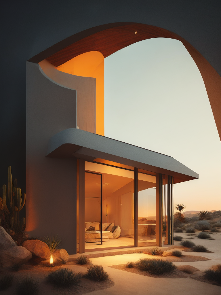 An architectural rendering of a minimal, geometric, curved, sculptural, stucco textured, tan desert abode, sand and clay facade with small carved window openings, wood accents, arched glass door opening, cactus, tumble weed, artificial lighting, desert landscaping, outdoor camp fire, located in Arizona during twilight, hazy horizon