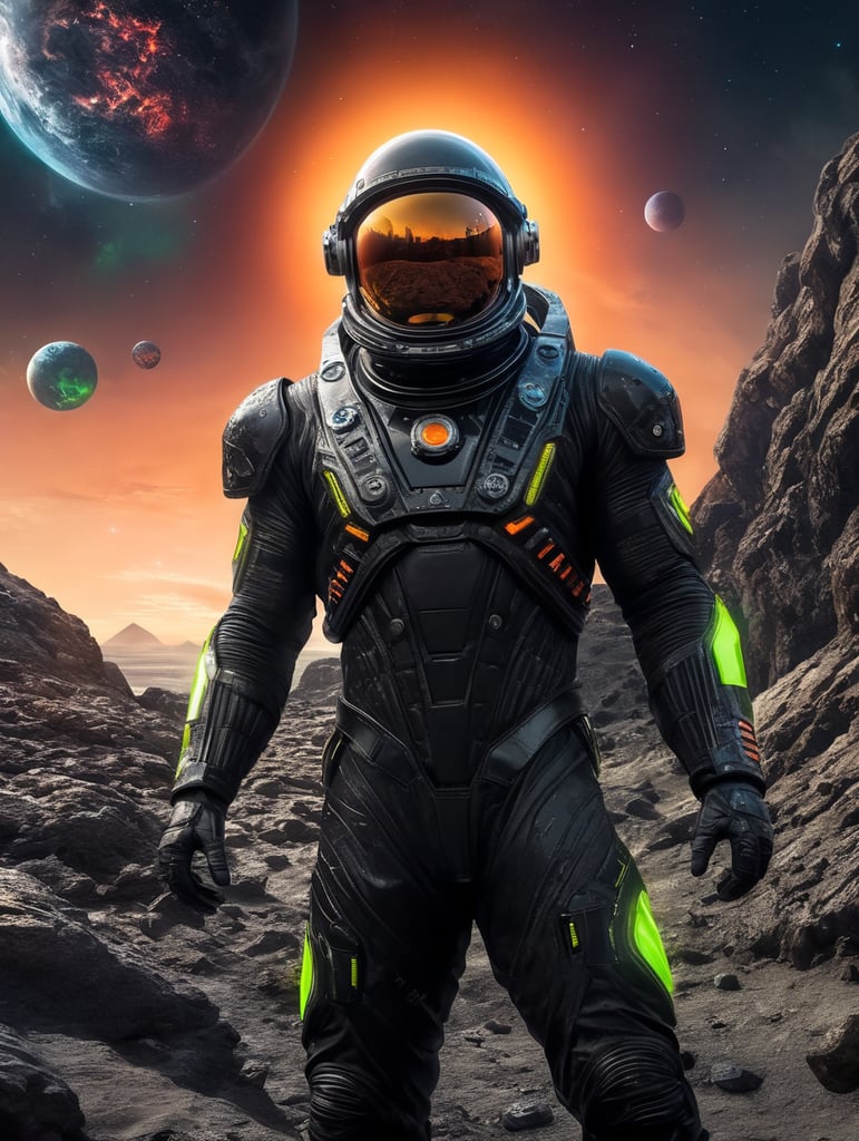 Space traveler in a black rock in middle of the universe. futuristic slim Astronaut suit with neon futuristic unique helmet , super hero style suit, warrior style suit, energy blast in the background, space war,