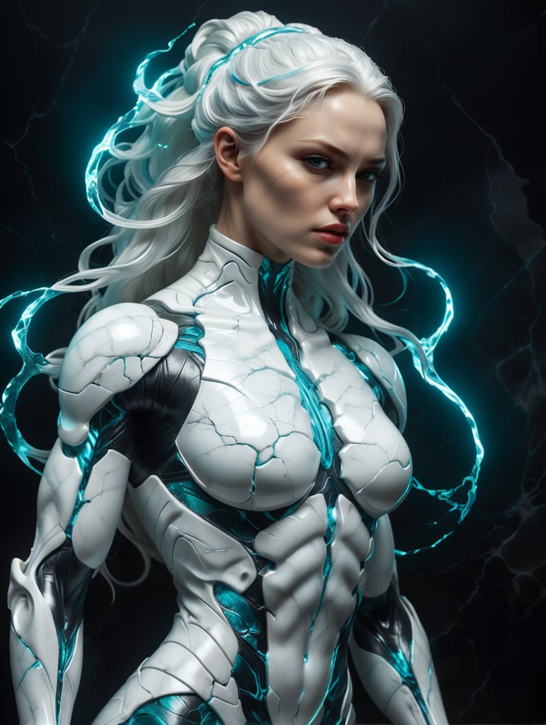 A cracked white marble sculpture with glowing cyan veins of a beautiful modest fully clothed white marble woman personal trainer, studio lighting, 4k