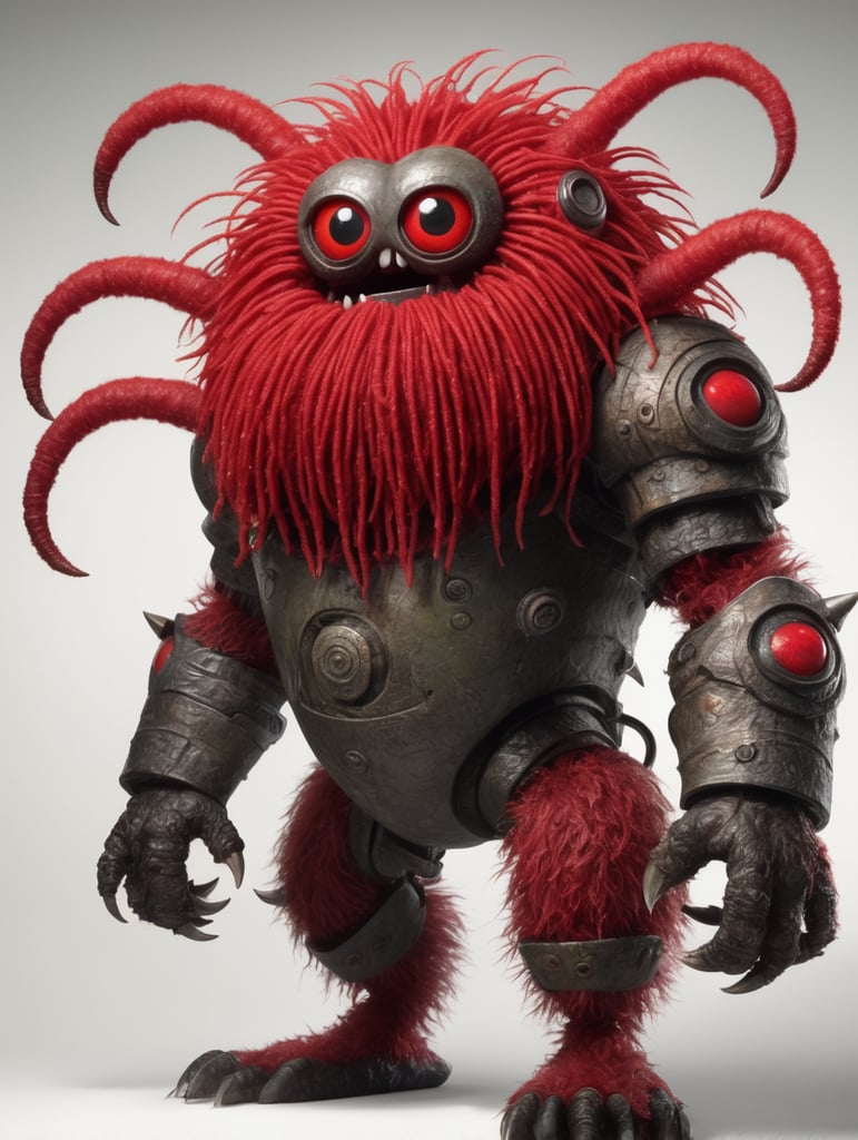 3 legged creature with square head, spaghetti like arms, red skin and hair, is very hairy, plump, large round eyes, and circular mouth