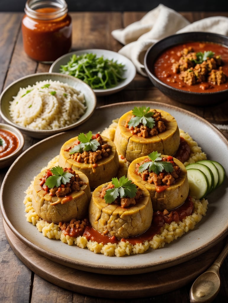 3 small stuffed mashed plantain with (((Ground chicken with sauce))), the recipe is made in a country house, with a view of the mountains of puerto rico, the 3 small stuffed mashed plantain include ground chicken, diced tomatoes, lettuce cut into strips, on a wooden plate, the table that is made of dark wood, the table is served, in the background you can see people, small jars with red sauces, sharing, taken with a close up lens, 50mm, nikon 35mm (((Ground chicken with sauce))) 3 small stuffed mashed plantain