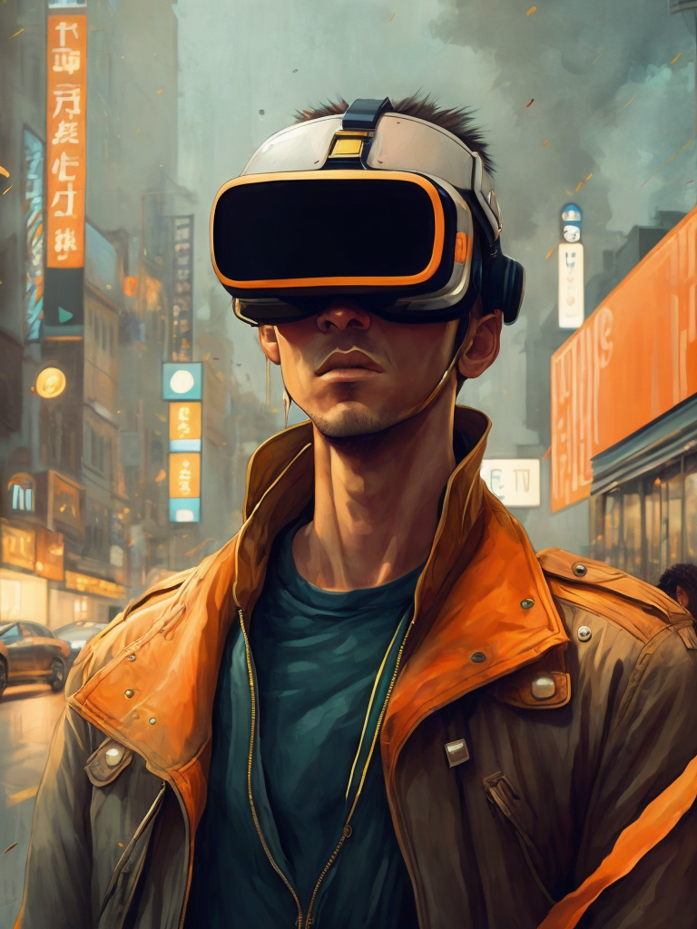 Vintage 90's anime style. a lonely men wearing a virtual reality headset walking in the street