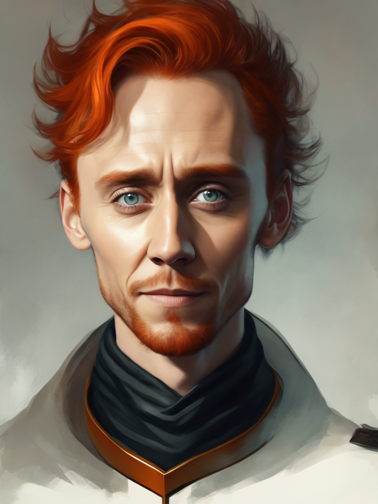 Portrait of Tom hiddleston with red hair in medieval style, detailed face, contrasting light