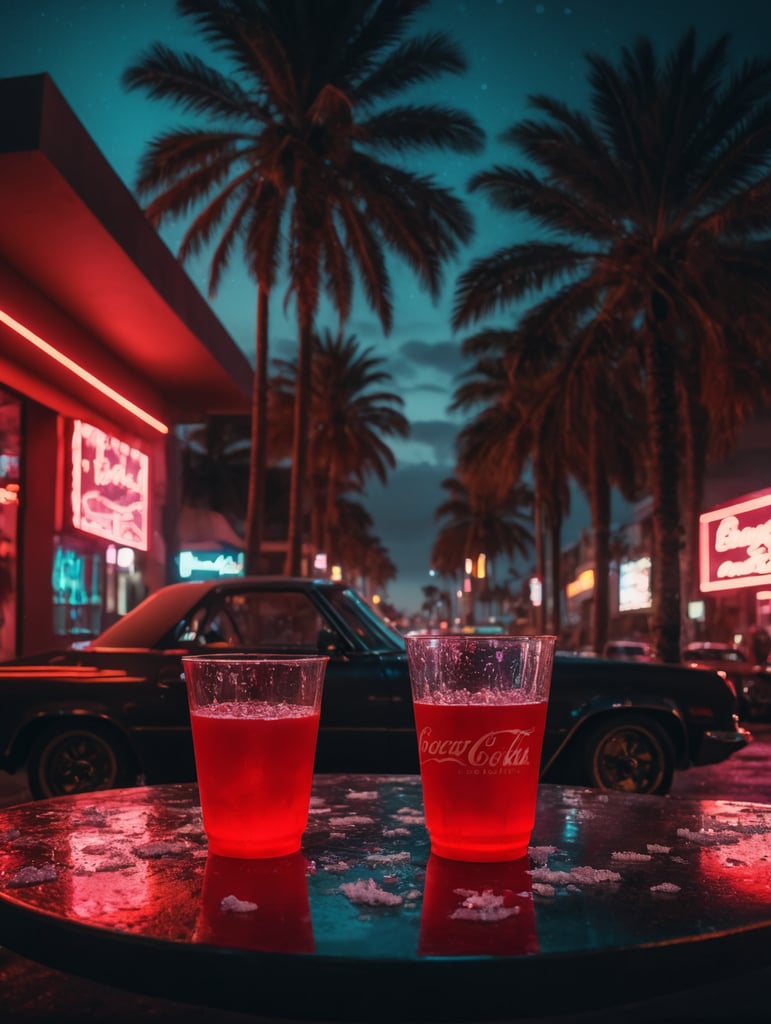 table, cocaine on glass cut up, red plastic cup, rough streets of Florida, palm trees, neon lights, nighttime