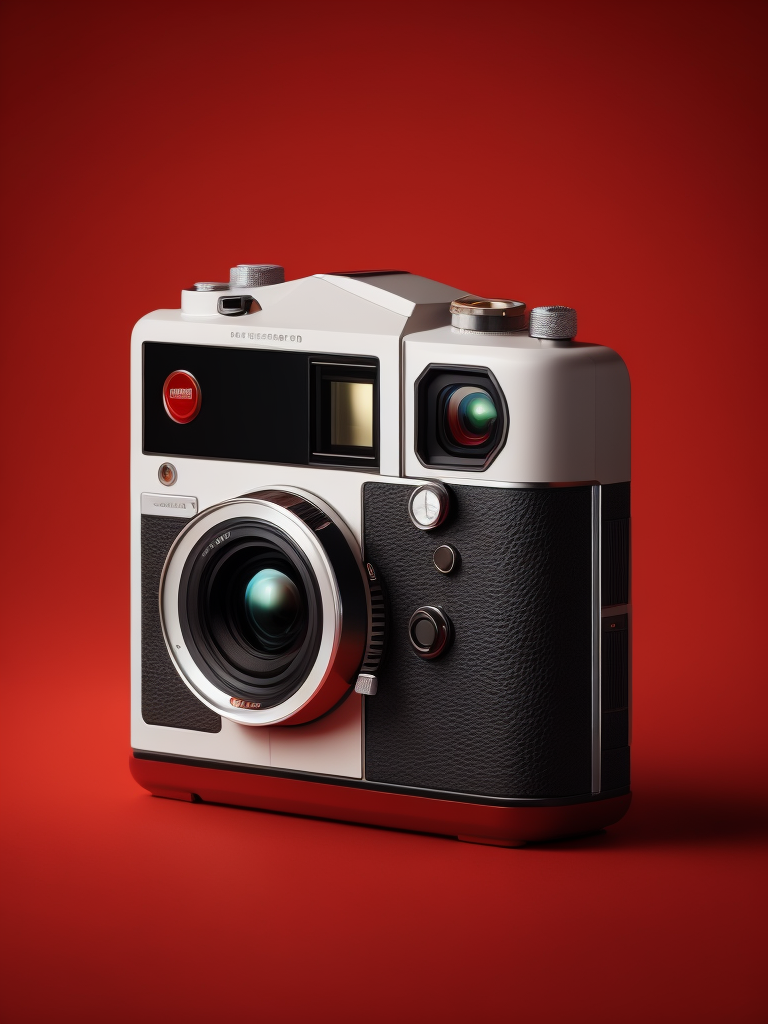 Red background, side view product photography of a camera designed by dieter rams, circular lens, minimal design, hasselblad, nikon, canon, fuji, leica, studio light, ultra realistic, ultra detailed, small labels, super intricate design, intricate detail, Object in the center of the image