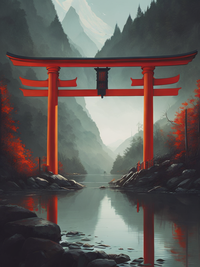 Red torii gate in middle of a lake, Dense forest on the edge of the lake, Bright and saturated colors, Japanese culture, photorealistic, contrast light