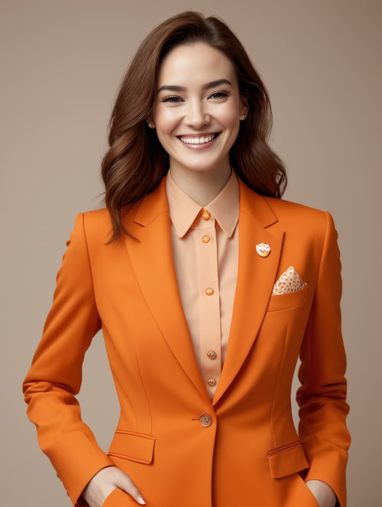 a women with an orange suit and smily face