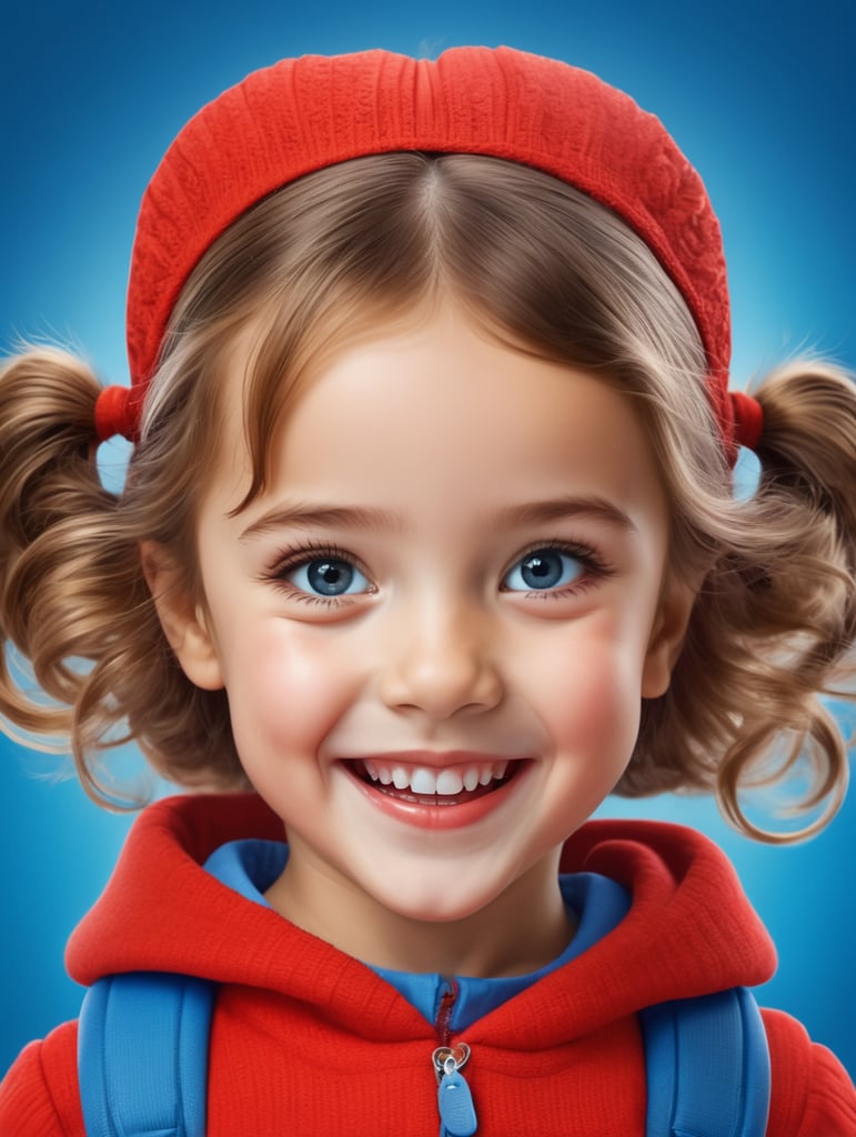 photo happy little girl going to travel, cute girl, dressed in all red, blue background, harpers bizarre, cover, headshot, hyper realistic