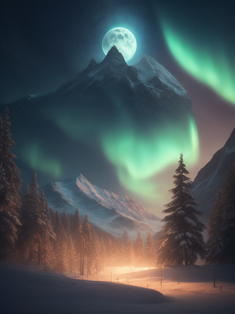Ethereal aurora borealis over a snowy mountain range, with a full moon shining in the background, mystical, peaceful, serene, winter landscape, high detail