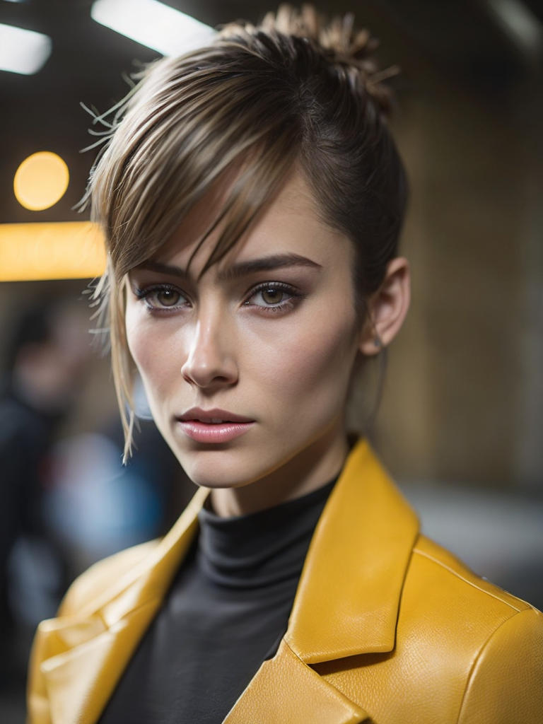 a women looks on the camera, yellow side lighting, focused gaze, canon 50 lens, focus on the face everything else is in blur, the blade runner scene.