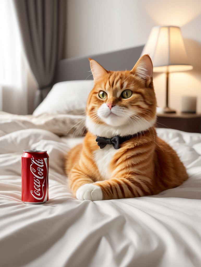 A picture of an adorable Garfield cat lying on a bed. In the photo, the room is bright. Garfield is covered with a soft quilt and the light is bright. He is holding a big iPad in his hand. There is a small exquisite bedside lamp. Snacks, cakes, fried chicken, and a large bottle of Coca-Cola are scattered on the bed. Realistic and romantic style, ultra-high definition, 32k Ultra HD