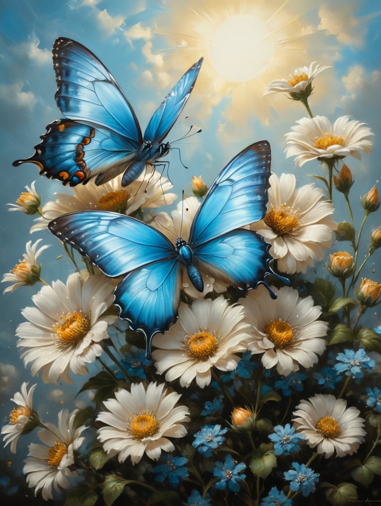 две небесно голубые бабочки порхают над бежевыми цветами. много света, гипердетализация, акцент на деталях, многослойность, много света и струн света. картина маслом